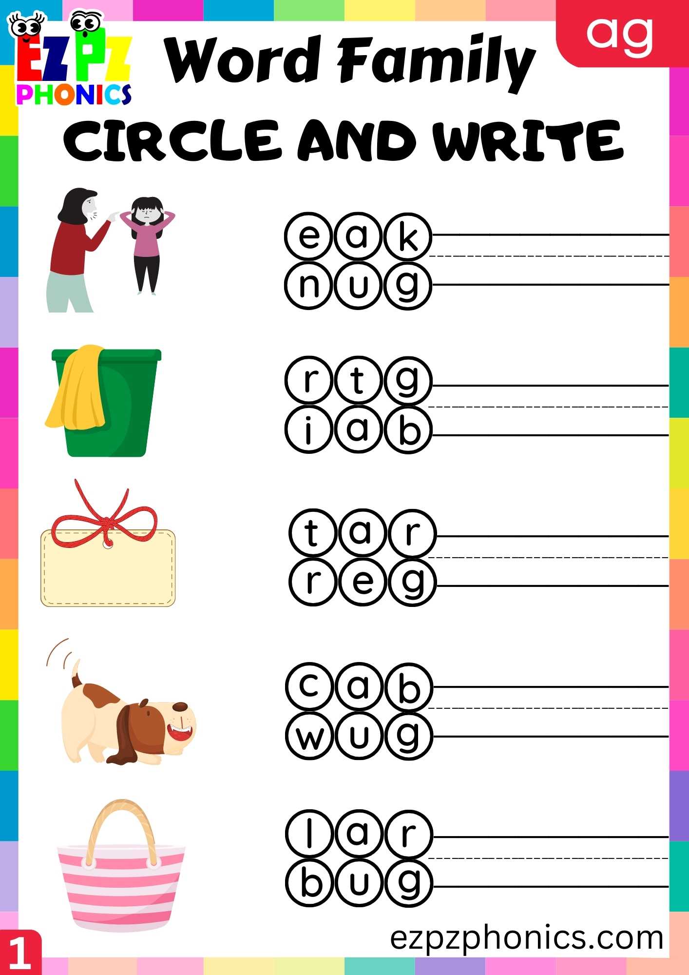 AG Words Circle And Write Phonics Word Families Worksheet